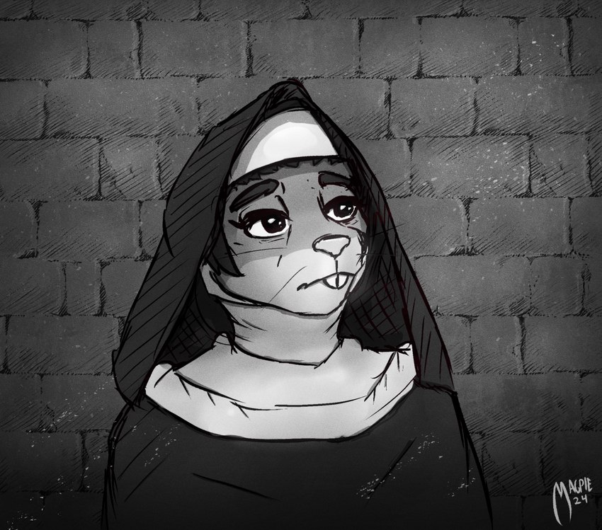 anthro brick_wall buckteeth clothed clothing female fully_clothed nun nun_outfit solo teeth wall_(structure) oneflymagpie ophelia_(oneflymagpie) ophelia_orzhechy mammal mouse murid murine rodent black_and_white greyscale hi_res monochrome portrait