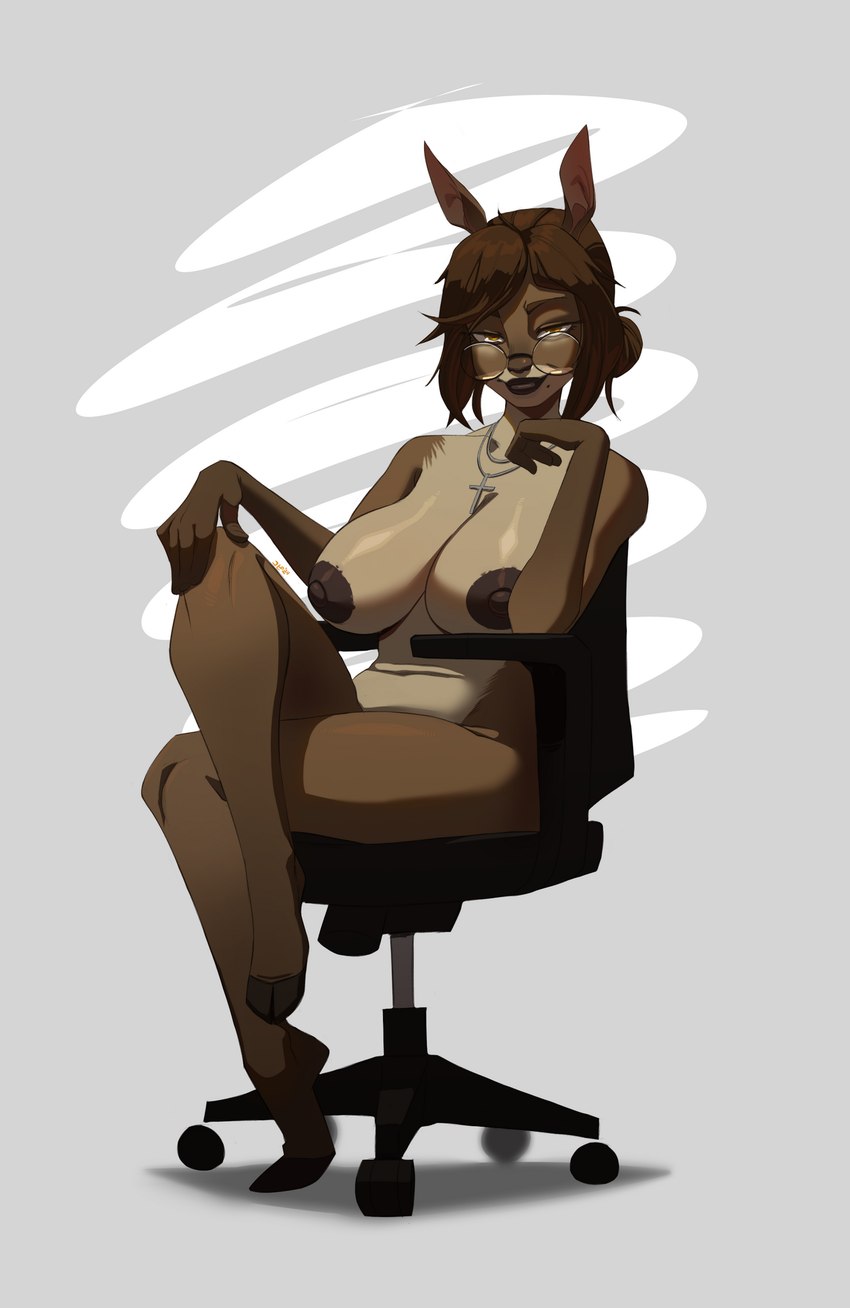 anthro big_breasts black_nose breasts brown_body brown_fur brown_hair chair cloven_hooves cross cross_necklace crossed_legs curvy_figure eyewear female fur furniture glasses hair hair_bun hooves jewelry lips looking_at_viewer markings mature_female mole_(marking) necklace nipples nude office_chair plantigrade simple_background sitting smile solo tan_body tan_fur voluptuous thehumancopier hollandworks applebottom_family catherine_applebottom deer mammal digital_media_(artwork) hi_res