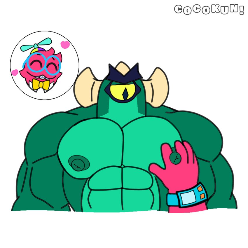 1_eye big_pecs fur green_body male male/male muscular pecs red_body red_fur touching_pecs cocokun! brawl_stars supercell_(company) squeak_(brawl_stars) stu_(brawl_stars) 1:1