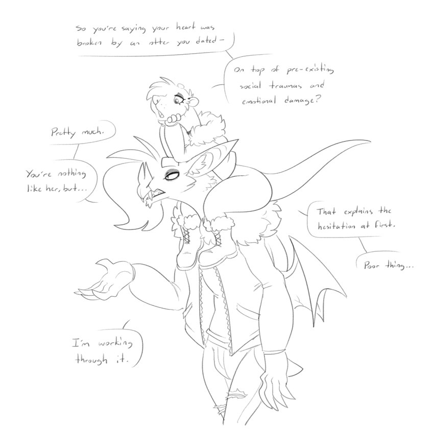 anthro bat_nose biped carrying_another dialogue duo female female_anthro larger_male male male_anthro membrane_(anatomy) membranous_wings on_shoulders sitting_on_shoulders size_difference smaller_female text wings halbean aubrey_(halbean) hal_(halbean) bat mammal mustelid otter 2024 absurd_res digital_media_(artwork) english_text hi_res monochrome