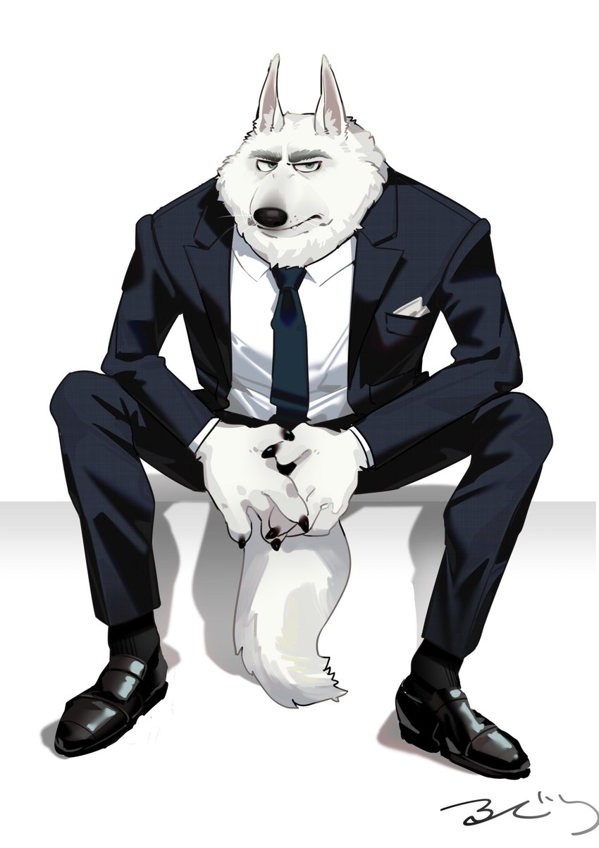 anthro black_nose fur male simple_background sitting solo white_background white_body white_fur fuguri illumination_entertainment sing_(movie) jimmy_crystal canid canine canis mammal wolf 2022 absurd_res colored hi_res signature