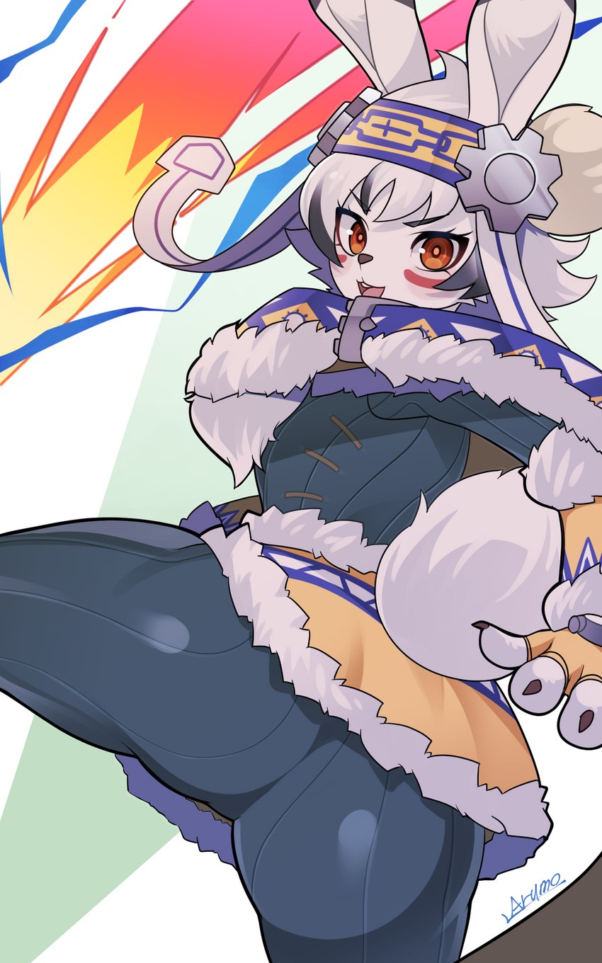 anthro black_hair brown_eyes butt female gradient_hair hair kemono looking_at_viewer multicolored_hair open_mouth short_hair smile solo white_hair arumo monster_strike lagomorph leporid mammal rabbit 5:8 absurd_res hi_res