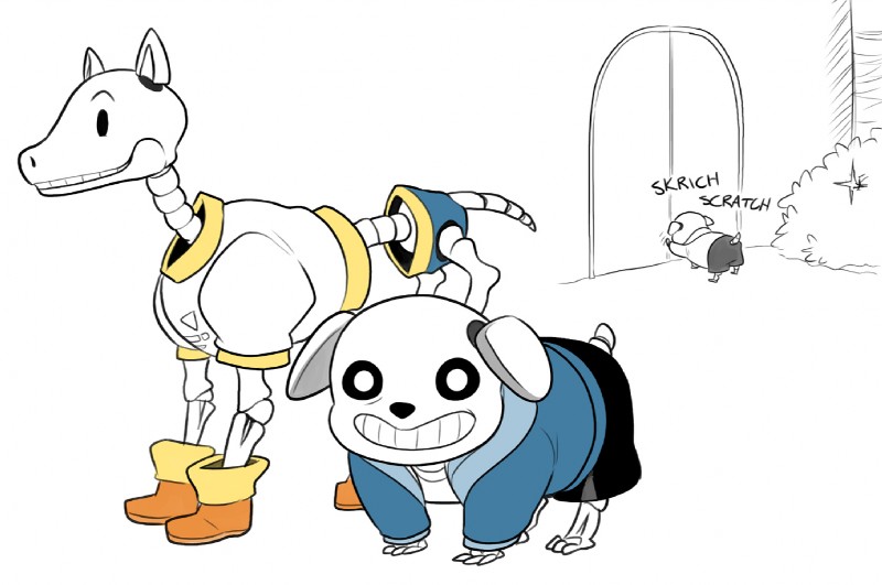 alternate_species bone boots clothing duo footwear hoodie male shoes skeleton topwear cubewatermelon undertale undertale_(series) papyrus_(undertale) sans_(undertale) animated_skeleton canid canine canis domestic_dog mammal undead digital_media_(artwork) brother_(lore) brothers_(lore) sibling_(lore)