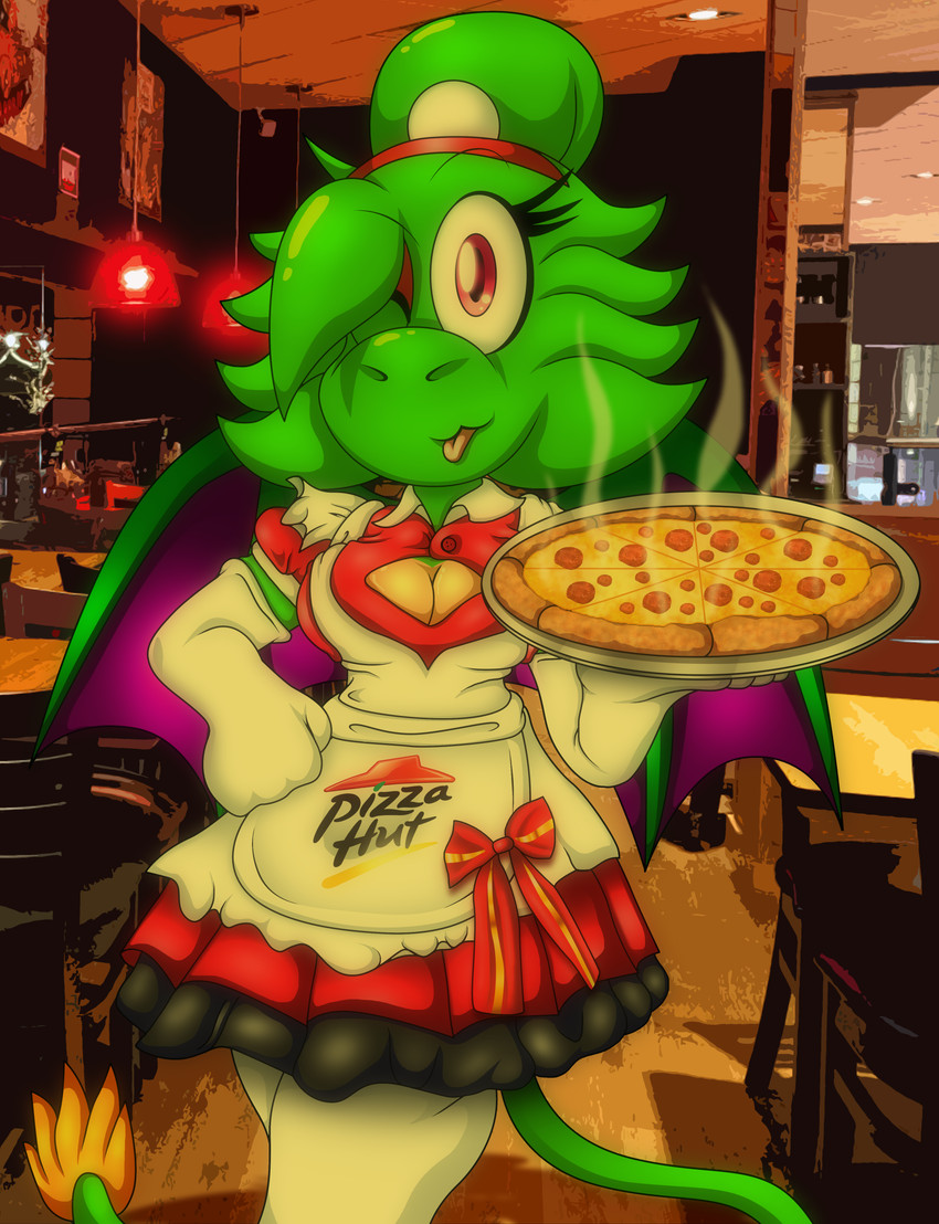 accessory anthro apron armwear bangs blep bow_ribbon cat_smile ceiling_lamp chair clothing collared_shirt dining_room dragon_wings elbow_gloves eyeshadow feathered_tail feathers female fist_on_hip floor food frilly furniture gloves green_body hair handwear headband holding_food holding_object keyhole_clothing kitchen lamp leggings legwear light long_tail magenta_eyes maid_uniform makeup multicolored_body one_eye_closed pepperoni_pizza pizza ponytail prehensile_tail puffy_sleeves red_eyeshadow red_lights restaurant shirt solo spread_wings steam table tail tied_hair tongue tongue_out topwear two_tone_body uniform wings wink wood wood_floor spdy4 meme_clothing mythology pizza_hut arrow_(spdy4) arrow_the_dragon arrow_xiang_long couatl dragon eastern_dragon feathered_scalie feathered_snake hybrid mythological_creature mythological_scalie reptile scalie snake 2020 absurd_res digital_media_(artwork) hi_res lighting meme mixed_media