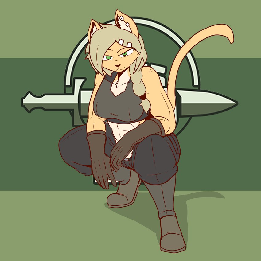 abs anthro black_nose blonde_hair boots breasts clothing crouching ear_piercing female footwear fur gloves green_eyes hair handwear long_hair looking_at_viewer midriff muscular muscular_female piercing ponytail shoes smile solo the_man bridge_(the_man) felid feline mammal 1:1 absurd_res hi_res