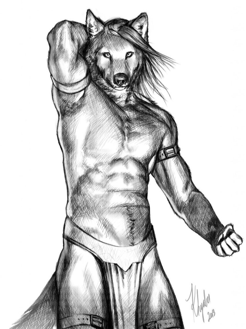 anthro bottomwear clothed clothing front_view hair loincloth looking_at_viewer male mouth_closed pose simple_background solo standing topless khyaber mythology canid canine canis mammal mythological_canine mythological_creature were werecanid werecanine werewolf wolf 2013 dated hi_res monochrome portrait signature three-quarter_portrait