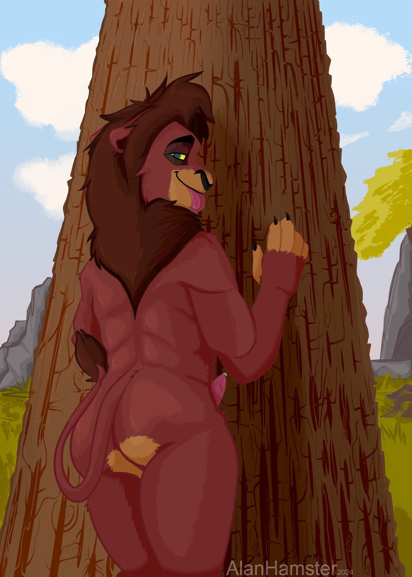 anthro bodily_fluids brown_body brown_fur brown_hair butt dripping erection fur genital_fluids genitals green_eyes hair looking_at_viewer looking_back looking_back_at_viewer male outside precum precum_drip smile solo tongue yellow_sclera alanhamster disney the_lion_king kovu_(the_lion_king) felid lion mammal pantherine absurd_res hi_res