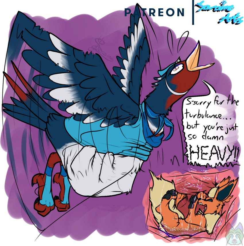 ambiguous_gender ambiguous_prey apology avian_feet beak blue_body blue_clothing bodily_fluids clothing dialogue distorted_text duo eyes_closed feathered_crest feathered_wings feathers feet female female_pred feral feral_pred feral_prey flying fully_inside fur head_crest inside_stomach internal markings orange_body orange_fur organs red_markings same_size_vore speech_bubble spread_wings stomach stuttering tail tail_feathers talking_to_another talking_to_prey talons text toes vore white_body white_markings wings soraime_the_questionable nintendo pokemon mistral_(gyro) avian bird eeveelution flareon generation_1_pokemon generation_3_pokemon pokemon_(species) swellow english_text hi_res