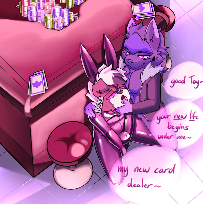 anthro breasts bulge bunny_costume card casino clothed clothing costume drone duo ear_piercing ear_tag female hypnosis latex male male/female mind_control necktie null null_bulge partially_clothed piercing price_tag public public_nudity ringed_eyes suit text queenrupti nintendo pokemon rupti felid feline generation_7_pokemon lycanroc mammal pokemon_(species) hi_res