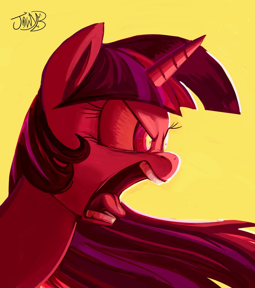 angry female feral hair horn long_hair open_mouth red_eyes simple_background teeth tongue yellow_background jowybean friendship_is_magic hasbro my_little_pony mythology twilight_sparkle_(mlp) equid equine mammal mythological_creature mythological_equine unicorn absurd_res hi_res portrait red_theme