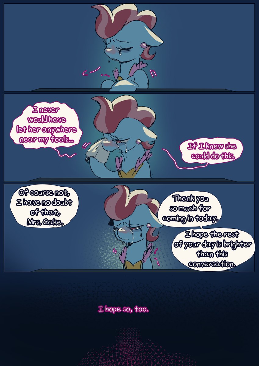 alternate_universe blue_body blue_fur bodily_fluids clothing crying emotional female female_feral feral fur furniture hair hooves interrogation interrogation_room pink_eyes pink_hair sad simple_background solo speech_bubble table tears text tired_eyes tissue sinful_pie cupcakes_(mlp_fanfic) friendship_is_magic hasbro my_little_pony mrs._cake_(mlp) earth_pony equid equine horse mammal pony 2025 absurd_res colored comic digital_drawing_(artwork) digital_media_(artwork) english_description english_text hi_res shaded traditional_media_(artwork)