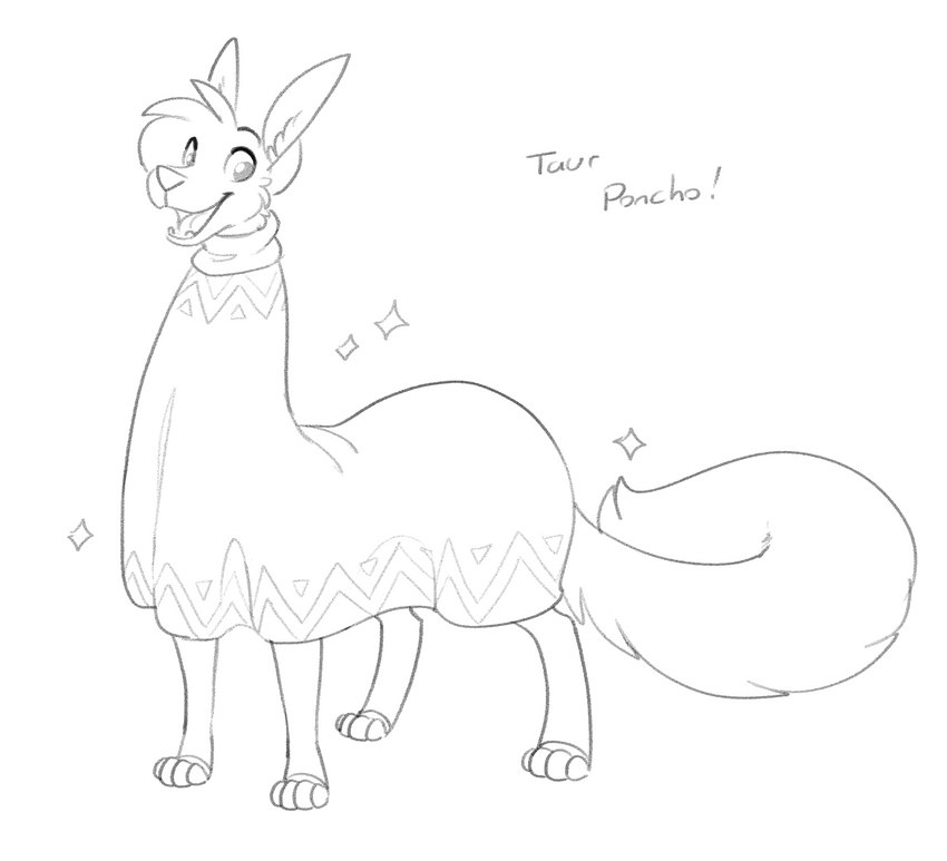 clothing digitigrade furgonomics hair male open_mouth open_smile paws poncho quadruped simple_background smile solo text white_background halbean twerp_(halbean) citra citra_taur mammal mammal_taur taur 2023 digital_media_(artwork) english_text hi_res monochrome sketch