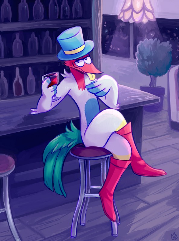 anthro anthrofied bar bar_stool blep boots clothing container cup drinking_bird drinking_glass footwear furniture glass glass_container glass_cup hat headgear headwear limited_light looking_at_viewer male plant shoes shrub solo stool tongue tongue_out top_hat wine_glass geckozen dip_(tallowcro) avian hi_res