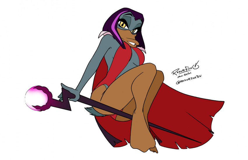 anthro beak breasts cape clothing female grey_body hair non-mammal_breasts purple_hair simple_background solo white_background yellow_eyes razorfox disney ducktales ducktales_(2017) magica_de_spell anatid anseriform avian bird duck 2021