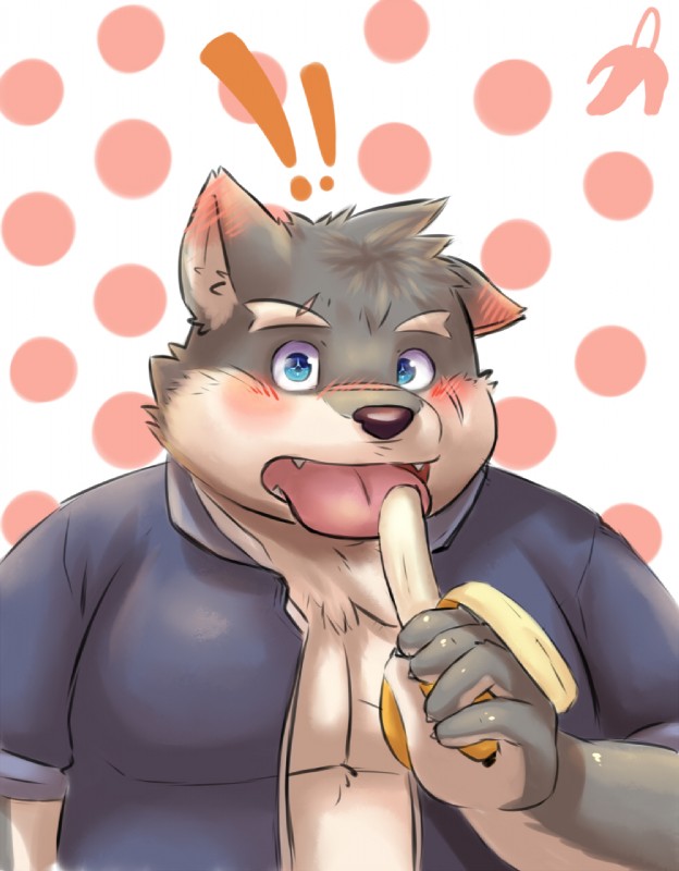 banana blush clothed clothing eating food fruit licking male open_clothing open_shirt open_topwear plant scar school_uniform shirt slightly_chubby solo tongue tongue_out topwear uniform aotoaka lifewonders tokyo_afterschool_summoners moritaka_(tas) canid canine canis domestic_dog mammal hi_res