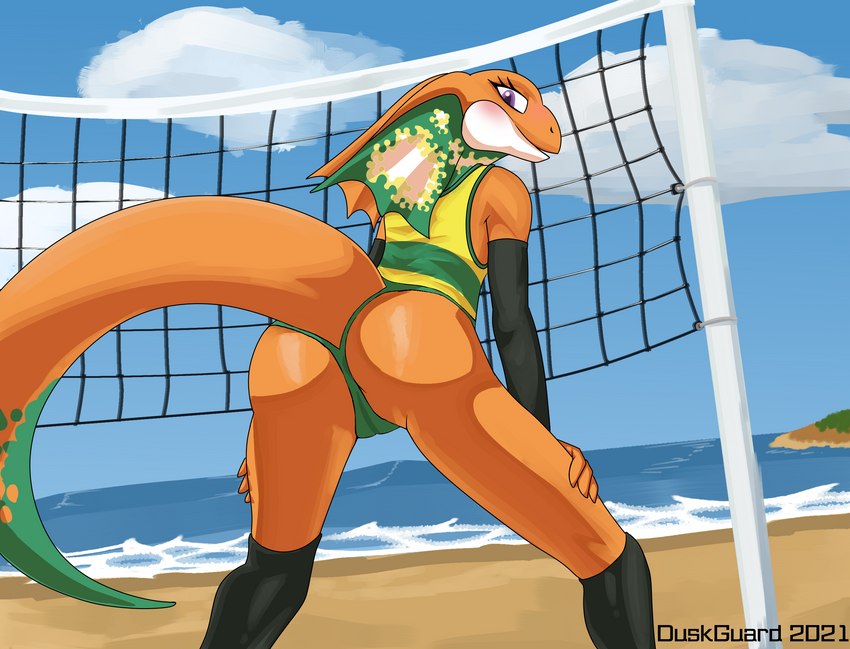 anthro athletic athletic_anthro athletic_female beach blush bottomwear camel_toe claws clothed clothing feet female flat_chested green_clothing green_panties green_underwear legwear looking_at_viewer looking_back mascot net panties sand seaside solo sport sports_panties sports_uniform sportswear spread_legs spreading stockings underwear uniform unofficial_edit volleyball volleyball_net duskguard third-party_edit 2020_tokyo_olympics olympics royal_australian_mint lizzie_(paralympics_australia) agamid frilled_lizard lizard reptile scalie hi_res