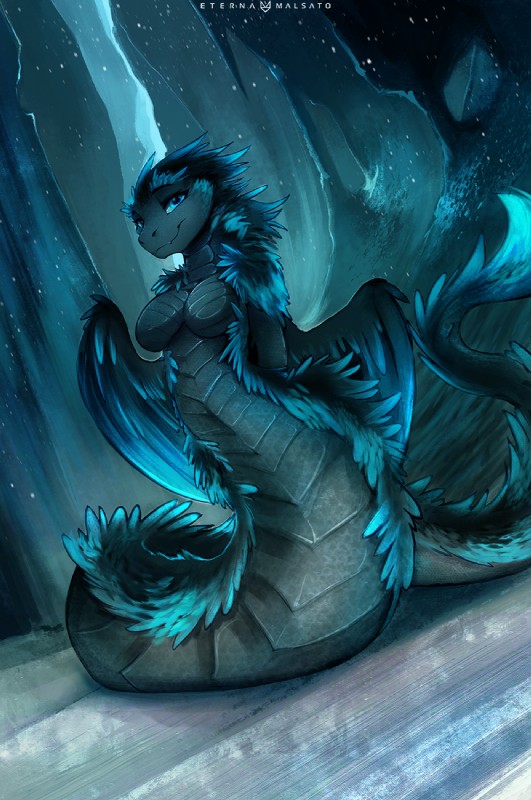 anthro apode blue_body blue_eyes blue_feathers blue_fur breasts feathers female fur legless looking_at_viewer non-mammal_breasts serpentine smile solo wings foxinshadow draconcopode feathered_scalie feathered_snake naga reptile scalie snake blue_theme digital_media_(artwork) hi_res shaded