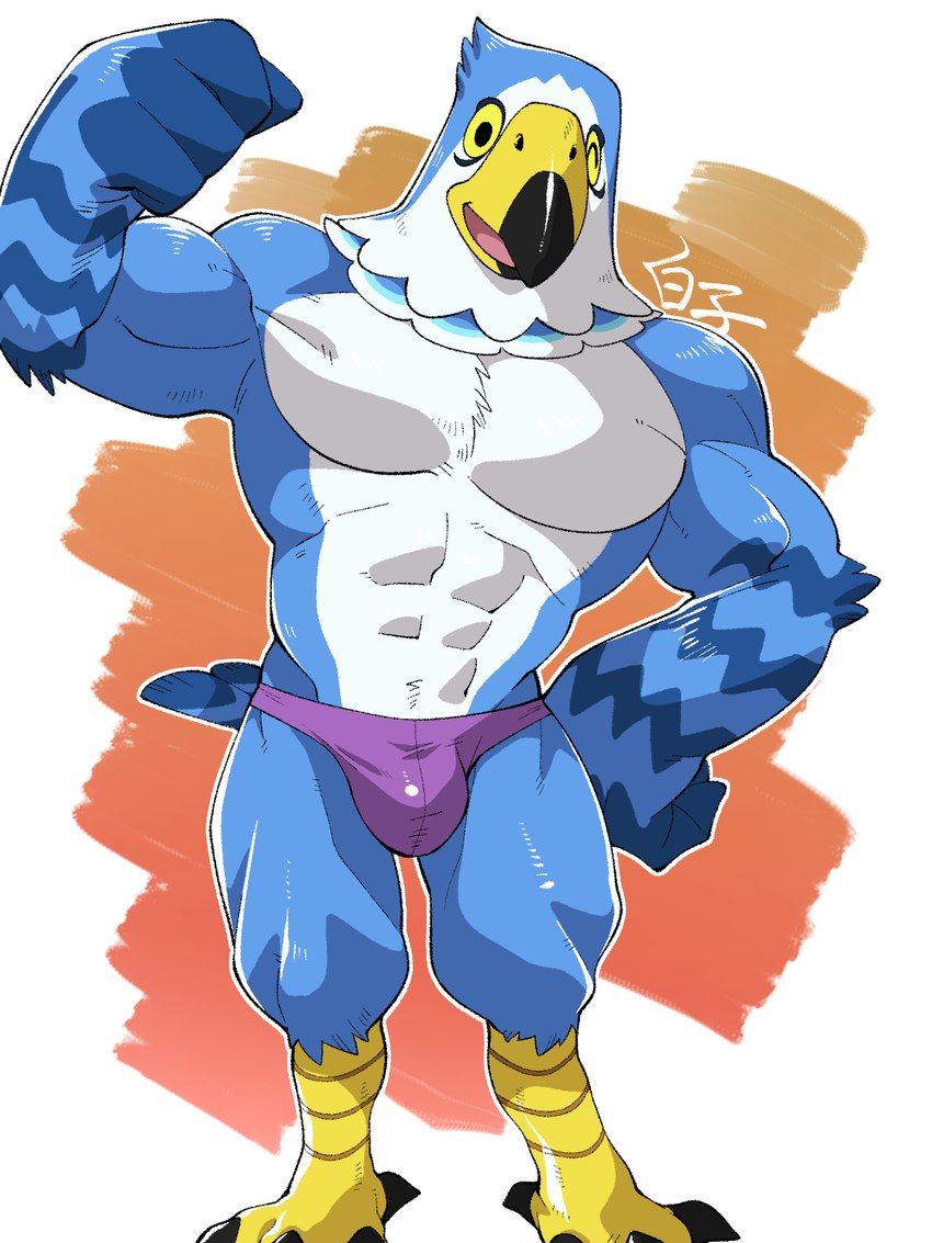 abs anthro biceps blue_body briefs bulge clothing feet flexing male muscular muscular_anthro muscular_male one_eye_closed pecs purple_briefs purple_clothing purple_underwear solo talons toes underwear wink shirako animal_crossing nintendo pierce_(animal_crossing) accipitrid accipitriform avian bird eagle 3:4 hi_res