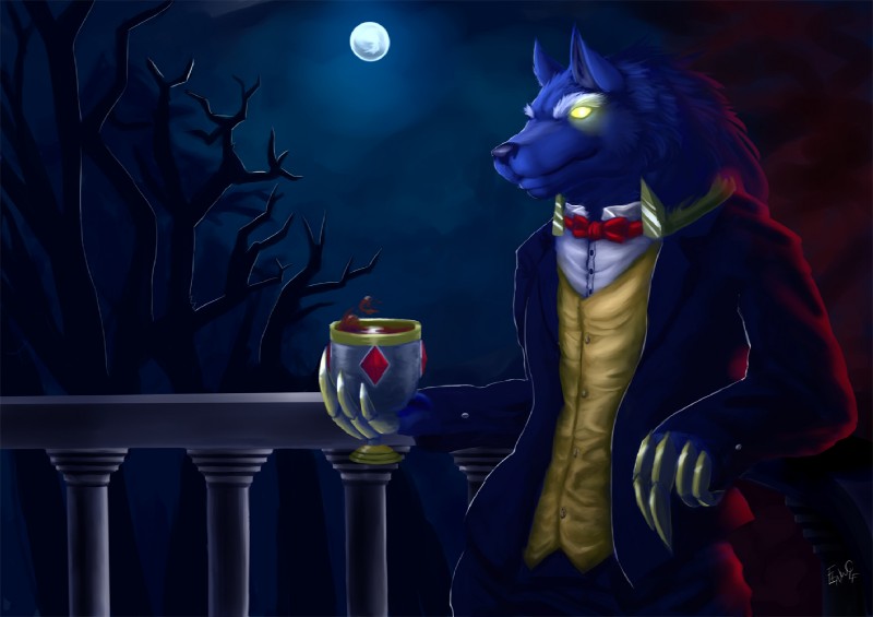 anthro balcony beverage biped blue_nose bottomwear bow_(feature) bow_tie button_(fastener) classy claws clothed clothing food full_moon fully_clothed fur glistening glowing glowing_eyes grasp happy holding_object looking_at_viewer male moon night outside pants plant raised_arm shadow shirt sky smile solo standing suit topwear tree white_body white_fur wood yellow_eyes fenrirwolfen league_of_legends mythology riot_games tencent warwick_(lol) canid canine canis mammal mythological_canine mythological_creature werecanid werecanine werecreature werewolf wolf digital_media_(artwork)