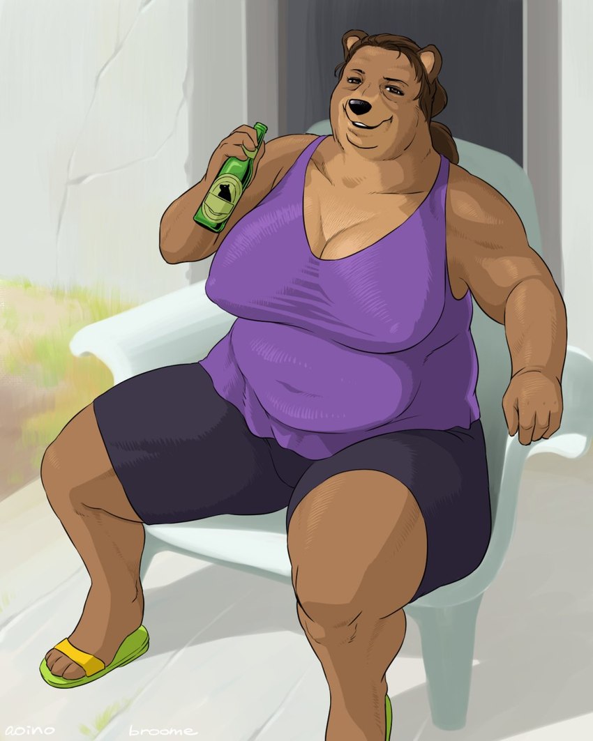 anthro belly beverage_bottle big_belly big_breasts black_bottomwear black_clothing black_nose black_shorts blouse bottle bottomwear breasts brown_arms brown_body brown_breasts brown_ears brown_fur brown_hair brown_hands brown_legs clothed clothed_anthro clothed_female clothing collarbone container exposure_variation female female_anthro fingers footwear fully_clothed fur green_clothing green_footwear hair holding_bottle holding_container holding_object huge_breasts huge_thighs looking_at_viewer mature_anthro mature_female multicolored_clothing multicolored_footwear nipple_outline overweight overweight_anthro overweight_female purple_blouse purple_clothing purple_topwear shorts sitting sleeveless_blouse sleeveless_topwear smile smiling_at_viewer solo thick_thighs topwear two_tone_clothing two_tone_footwear yellow_clothing yellow_footwear aoino_broome conditional_dnp bear mammal 4:5 hi_res