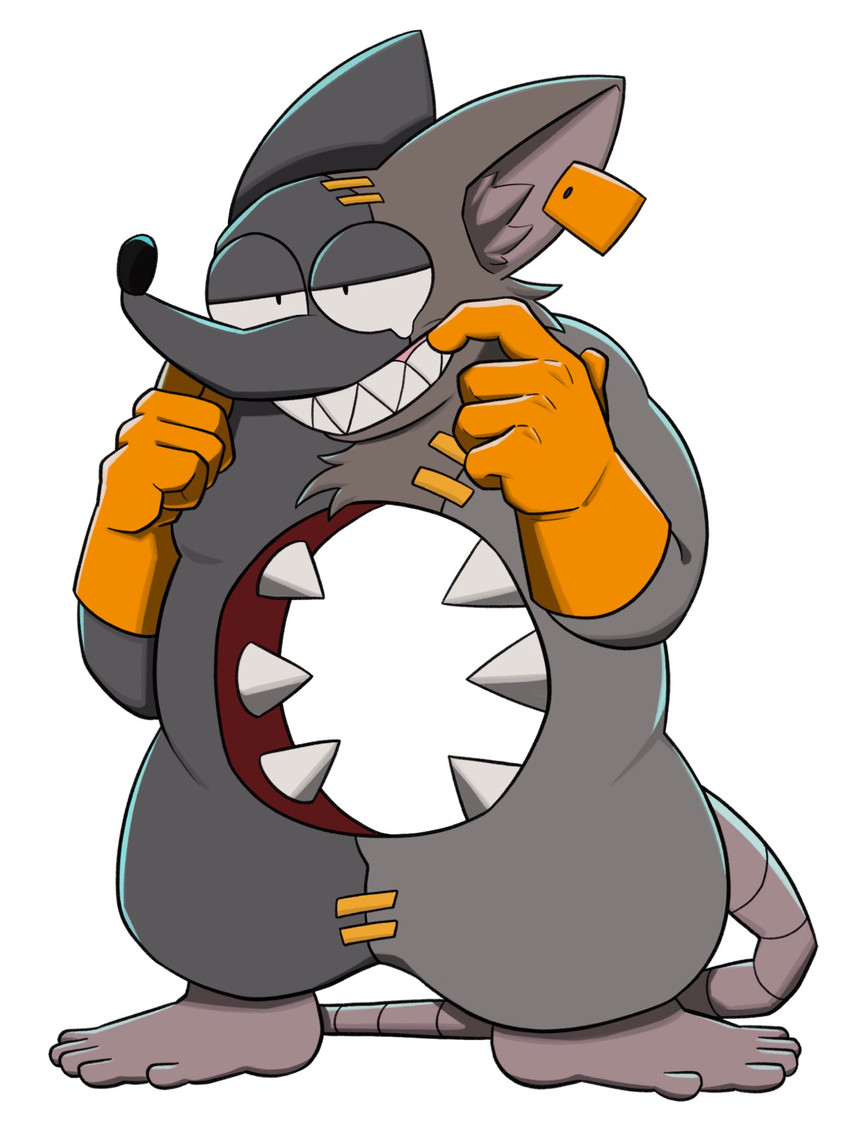 anthro clothing ear_piercing ear_tag gloves grin handwear hole_(anatomy) male piercing sharp_teeth slightly_chubby smile solo stitch_(sewing) teeth nemhippie mad_rat_dead nippon_ichi_software mad_rat_(mad_rat_dead) mammal murid murine rat rodent hi_res