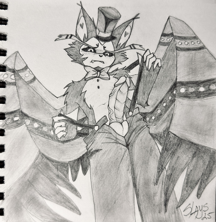 anthro balls big_balls big_penis clothing discontent ejaculation embarrassed erection genitals male male/male nude penis solo spread_wings torn_clothing wings nikslays hazbin_hotel hellaverse husk_(hazbin_hotel) domestic_cat felid feline felis mammal absurd_res hi_res traditional_media_(artwork)