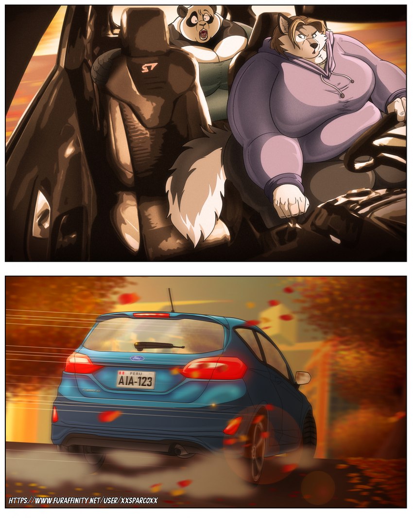 anthro autumn autumn_leaves big_breasts blue_eyes bottomwear breasts car clothed clothing driving duo female fur grey_body grey_fur huge_breasts inside_car inside_vehicle leaf license_plate multicolored_body multicolored_fur obese obese_anthro obese_female open_mouth overweight overweight_anthro overweight_female pants peru sitting steering_wheel sweater text topwear two_tone_body two_tone_fur vehicle xxsparcoxx ford ford_fiesta gillpanda_(character) sophia_(xxsparcoxx) bear canid canine canis giant_panda mammal wolf 2024 digital_media_(artwork) hi_res url