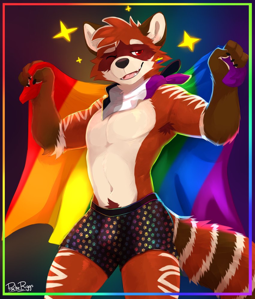 accessory anthro arm_markings asexual_pride_colors black_nose bottomwear brown_body brown_fur bulge cheek_tuft clothing facial_tuft fangs flag flag_(object) fur glistening glistening_eyes holding_flag holding_object kerchief leg_markings lgbt_pride light_body light_fur light_markings male markings multicolored_clothing multicolored_kerchief multicolored_neckerchief multicolored_neckwear multicolored_underwear navel neckerchief neckwear one_eye_closed open_mouth pattern_bottomwear pattern_clothing pride_color_accessory pride_color_bandanna pride_color_flag pride_color_kerchief pride_color_neckerchief pride_color_neckwear pride_colors rainbow_border rainbow_clothing rainbow_pride_colors rainbow_underwear red_body red_eyes red_fur six-stripe_rainbow_pride_colors solo standing striped_markings striped_tail stripes tail tail_markings tan_body tan_fur teeth tuft underwear pache_riggs ailurid mammal red_panda absurd_res hi_res portrait signature three-quarter_portrait