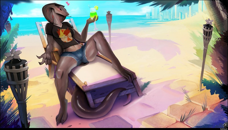 3_toes 5_fingers anthro beach beckoning beverage black_body black_sclera bottomwear breasts claws clothed clothing detailed_background exposure_variation feet female fingers furgonomics gesture long_tail looking_at_viewer lying navel non-mammal_breasts pants pupils purple_eyes seaside shirt slit_pupils smile snake_hood solo spread_legs spreading tail toes tongue topwear water catcouch conditional_dnp nintendo pokemon fan_character tayla blaziken cobra delphox generation_3_pokemon generation_6_pokemon pokemon_(species) reptile scalie snake 2019 absurd_res alternate_version_at_source full-length_portrait hi_res portrait