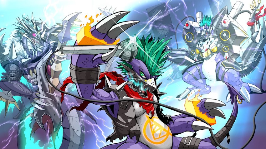 anthro belt evolutionary_family green_hair guitar hair kerchief male musical_instrument neckerchief neckwear plucked_string_instrument purple_body sharp_teeth shoulder_pads spiked_shoulder_pads spikes string_instrument teeth sutunununu bandai_namco digimon digimon_(species) heavymetaldramon loudmon punkmon scalie 16:9 hi_res widescreen