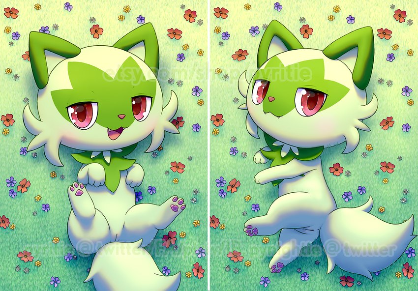 blush dakimakura female feral genitals green_body looking_at_viewer open_mouth purple_eyes pussy solo spread_legs spreading pyritie nintendo pokemon felid feline generation_9_pokemon mammal pokemon_(species) sprigatito dakimakura_design watermark