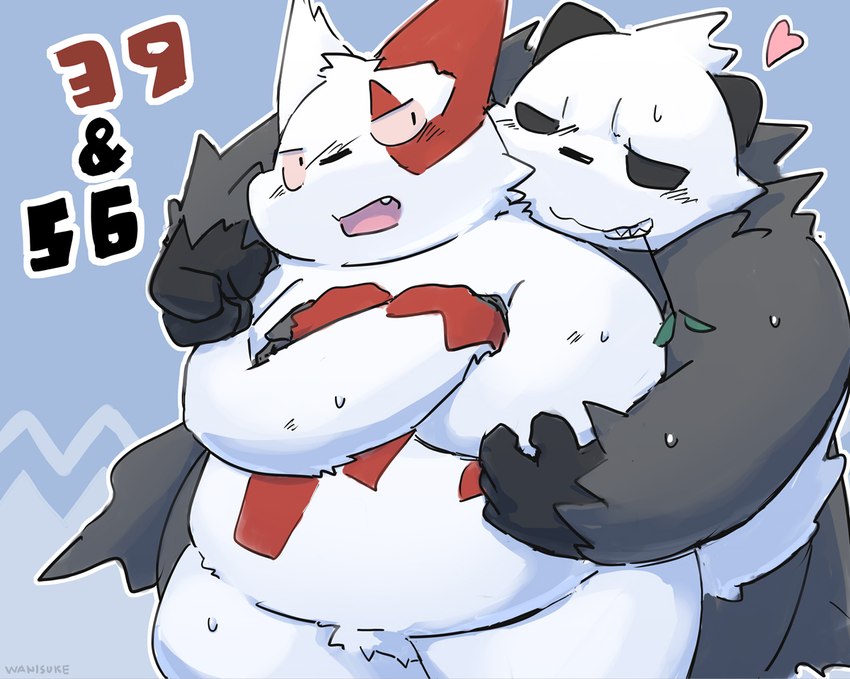 anthro belly big_belly biped black_body black_nose bodily_fluids duo hug hugging_another hugging_from_behind kemono leaf overweight red_body simple_background sweat white_body wanisuke nintendo pokemon generation_3_pokemon generation_6_pokemon pangoro pokemon_(species) zangoose 2022