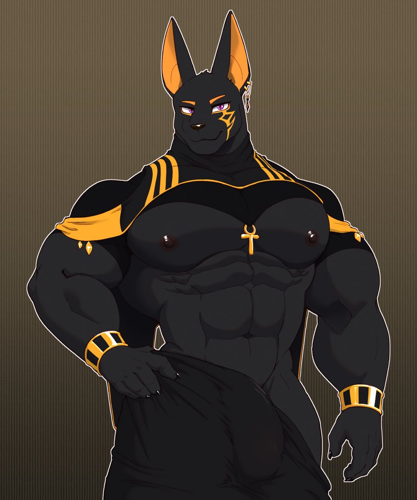 5_fingers abs ankh ankh_pendant anthro biceps big_bulge big_muscles big_pecs biped black_body black_bottomwear black_claws black_clothing black_ears black_fur black_nipples black_nose black_pants black_topwear bottomwear bracelet brown_background bulge claws clothed clothing crop_top detailed_bulge ear_piercing ear_ring egyptian eye_markings finger_claws fingers front_view fur genital_outline gold_(metal) gold_jewelry hand_on_hip humanoid_hands jewelry kemono looking_at_viewer male markings midriff monotone_body monotone_fur multicolored_clothing multicolored_shirt multicolored_topwear muscular muscular_anthro muscular_male navel nipples pants partially_clothed pecs penis_outline piercing pose pupils purple_eyes ring_piercing shirt simple_background slit_pupils snout solo standing topwear two_tone_clothing two_tone_shirt two_tone_topwear yellow_clothing yellow_inner_ear yellow_markings yellow_topwear croiyan egyptian_mythology middle_eastern_mythology mythology anubis anubian_jackal canid canine canis deity jackal mammal 2023 5:6 colored digital_media_(artwork) hi_res pinup portrait shaded three-quarter_portrait