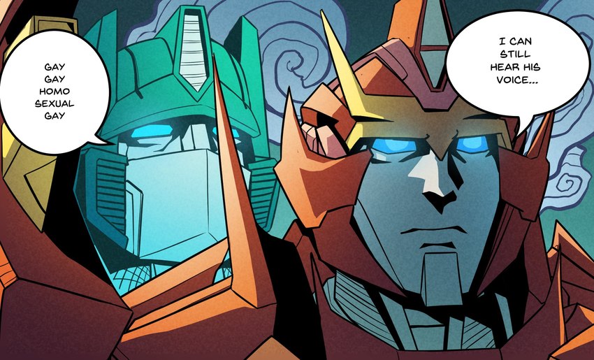 anthro autobot blue_eyes duo faceplate glowing glowing_eyes humor machine male not_furry parody speech_bubble text scorchle hasbro i_can_still_hear_his_voice takara_tomy transformers optimus_prime rodimus cybertronian humanoid robot 2021 english_text hi_res meme redraw