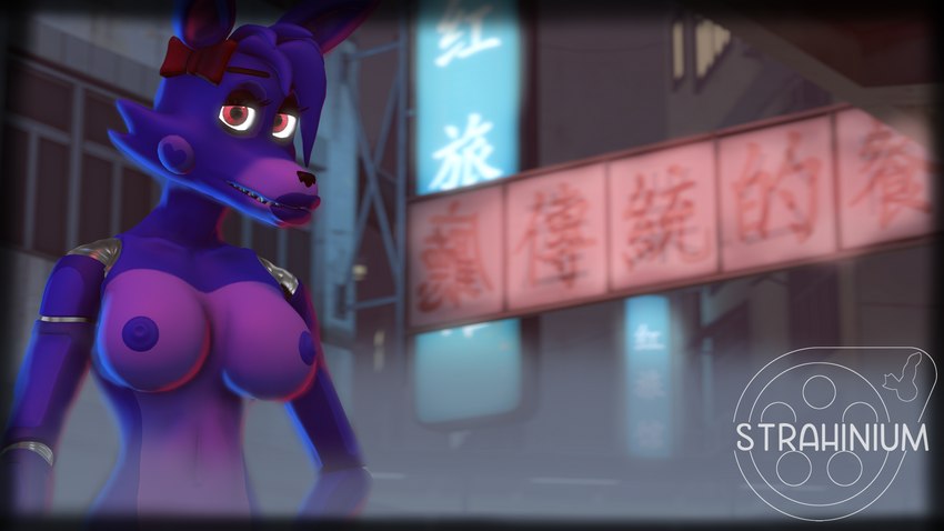 bow_tie breasts female hair heart_(marking) lipstick machine makeup markings purple_body purple_hair red_eyes red_lipstick snout strahinium five_nights_at_freddy's scottgames fan_character animatronic canid canine fox mammal robot 16:9 3d_(artwork) digital_media_(artwork) hi_res widescreen