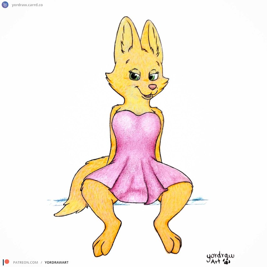 3_toes anthro bent_legs clothing dress feet female fur green_eyes legs_in_air looking_at_viewer open_mouth open_smile patreon_logo patreon_username paws pink_nose sitting smile smiling_at_viewer solo spread_legs spreading text toes yellow_body yellow_fur yordraw dreamworks patreon the_bad_guys diane_foxington canid canine fox mammal 1:1 hi_res url