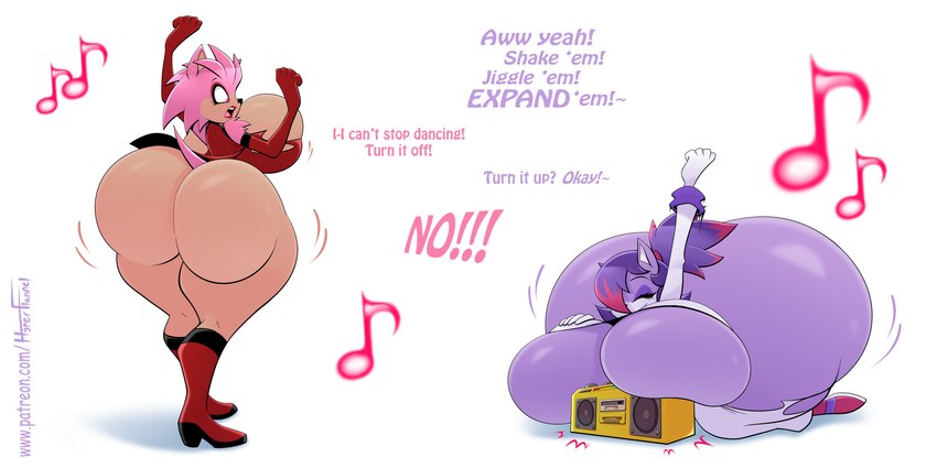 anthro big_breasts big_butt boombox breasts butt duo female female/female fur hair highlights_(coloring) huge_breasts huge_butt pink_body pink_fur pink_highlights purple_body purple_fur purple_hair shaking_breasts shaking_butt tan_body tan_skin text hyperflannel annie_ross_(hyperflannel) flare_gato_(hyperflannel) domestic_cat eulipotyphlan felid feline felis hedgehog mammal 2:1 absurd_res digital_media_(artwork) english_text hi_res