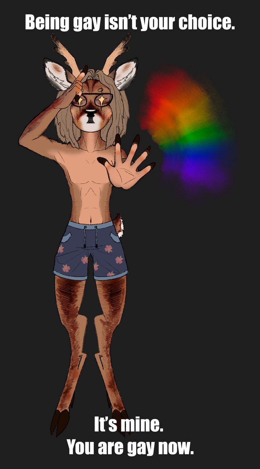 anthro antlers big_ears bottomwear clothed clothing fluffy fluffy_tail fur hair hooves horn long_hair male red_body red_fur shorts solo tail mary_windswift vlad_(mary_windswift) deer mammal new_world_deer roe_deer absurd_res hi_res meme