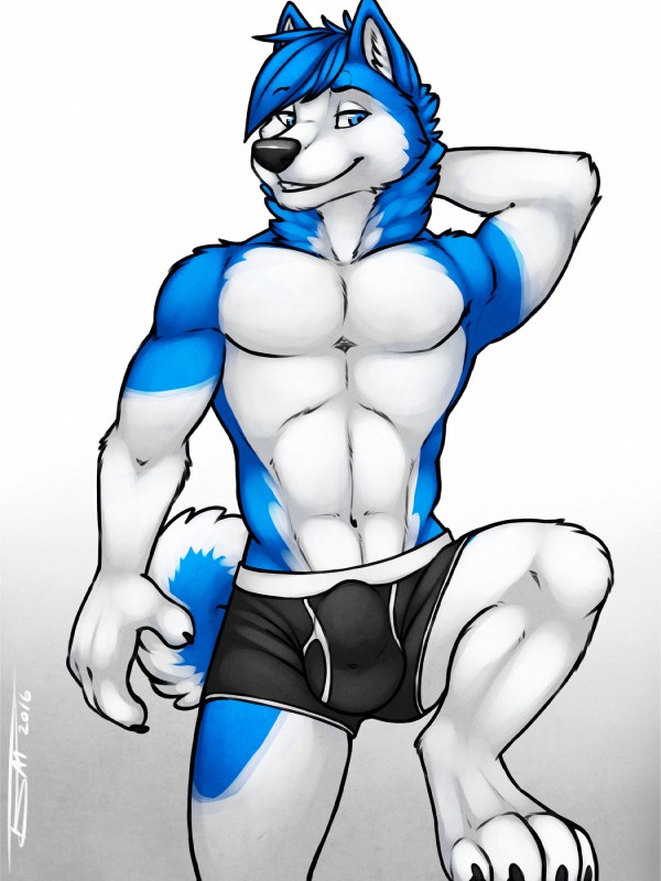 4_toes abs anthro athletic athletic_anthro athletic_male barefoot biped black_bottomwear black_claws black_clothing black_nose black_underwear blue_body blue_eyes blue_fur blue_hair blue_tail bottomwear boxer_briefs bulge claws clothed clothing detailed_bulge feet front_view fur genital_outline hair hand_behind_head looking_away male multicolored_body multicolored_fur on_one_leg pecs penis_outline short_hair simple_background smile snout solo standing tail toe_claws toes two_tone_body two_tone_fur two_tone_tail underwear white_background white_body white_fur white_tail tsaiwolf jhusky canid canine canis domestic_dog husky mammal nordic_sled_dog spitz 2016 3:4 digital_media_(artwork) hi_res portrait signature three-quarter_portrait