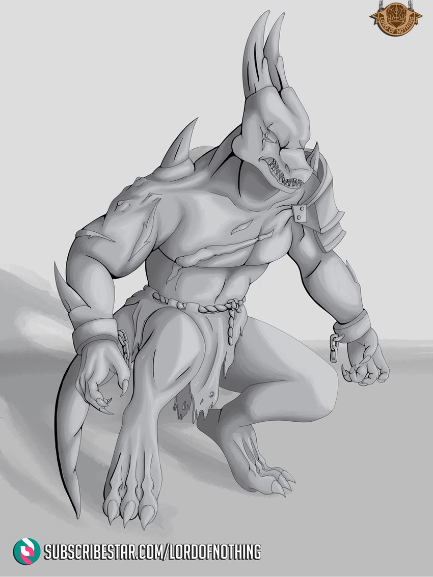 armor bottomwear chain claws clothing facial_scar finger_claws horn logo loincloth muscular scar shoulder_guards snarling solo text three-quarter_view toe_claws lordofnothin1 kobold scalie 3:4 artist_logo digital_drawing_(artwork) digital_media_(artwork) english_text full-length_portrait greyscale hi_res monochrome portrait url