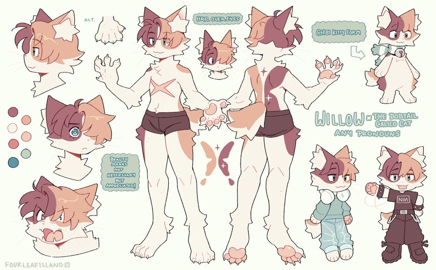 5_fingers ambiguous_gender anthro bell biped chibi claws clothed clothing color_swatch fingers hair hair_over_eye inner_ear_fluff one_eye_obstructed open_mouth pawpads scar smile solo tail text tuft x_scar fourleafisland willow_(fourleafisland) bobtail_cat calico_cat domestic_cat felid feline felis japanese_bobtail mammal english_text hi_res model_sheet nonbinary_(lore)