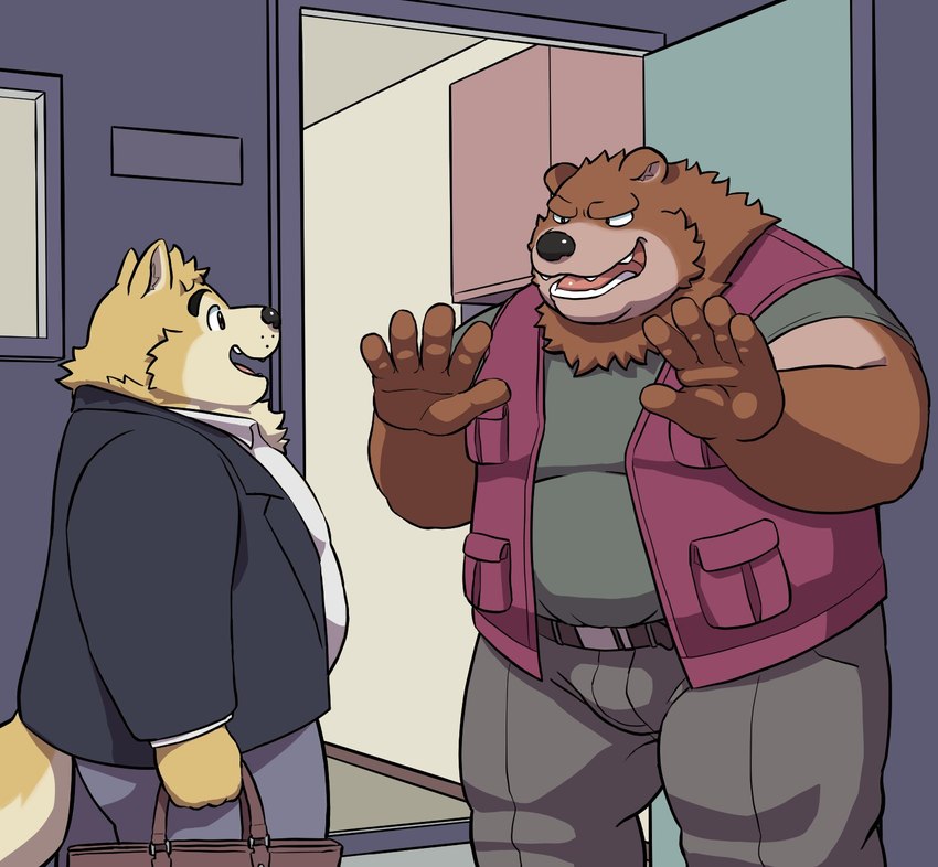 anthro belly big_belly black_nose bottomwear brown_body brown_fur clothing duo fur humanoid_hands kemono male overweight overweight_male pants shirt topwear 00murice bear canid canine canis domestic_dog mammal 2023 hi_res