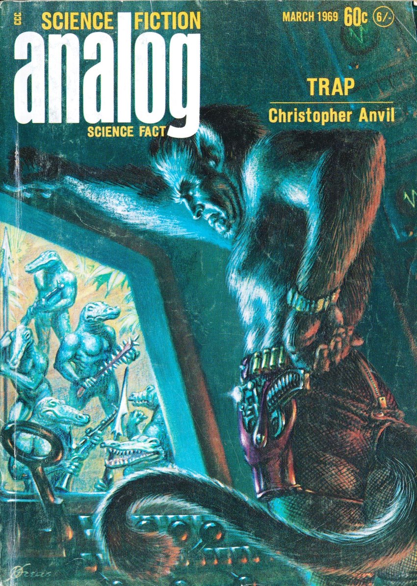 anthro clock gun ranged_weapon tail text watch weapon kelly_freas analog_science_fiction alligatorid crocodilian reptile scalie 1969 20th_century ancient_art cover english_text hi_res magazine_cover