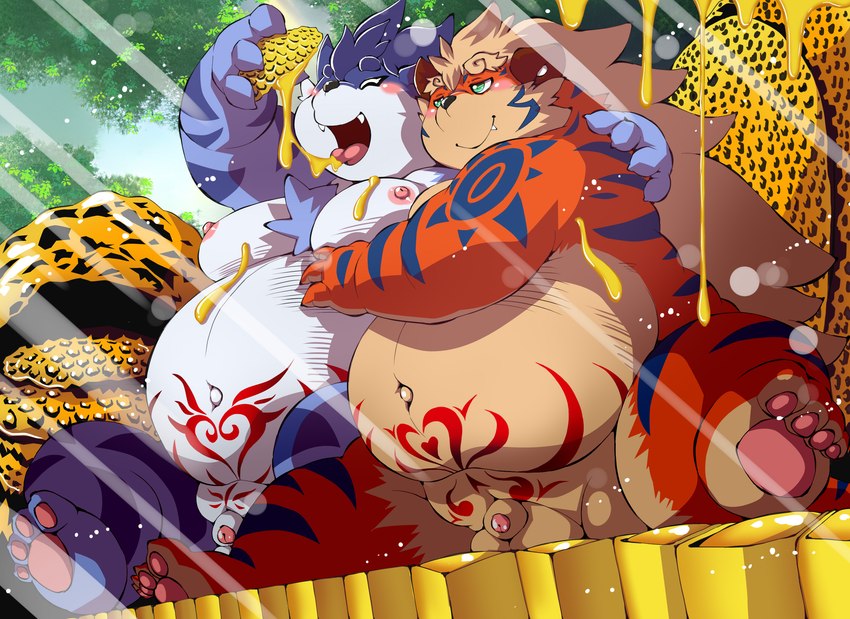 anthro balls belly blue_body blue_fur blush both_pregnant claws countershading detailed_background duo eating fangs flaccid food fur genitals hand_on_shoulder honey_(food) honeycomb hug male male/male moobs multiple_pregnancies navel nipples nude orange_body orange_fur overweight overweight_anthro overweight_male paws penis pregnant pregnant_anthro pregnant_male sitting smile spread_legs spreading stripes teeth womb_tattoo chibineco canid canine canis felid mammal pantherine tiger wolf hi_res