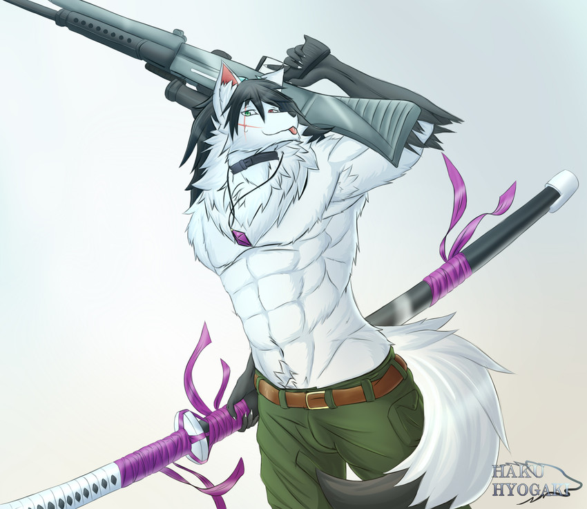 abs anthro armpit_hair athletic black_body black_fur black_hair body_hair chest_tuft fur green_eyes gun hair heterochromia horn inner_ear_fluff katana looking_at_viewer male melee_weapon muscular muscular_anthro muscular_male pecs ranged_weapon red_eyes scar simple_background smile solo sword tongue tongue_out tuft weapon white_body white_fur hakuhyogaki haku_hyogaki arctic_wolf canid canine canis mammal wolf absurd_res hi_res