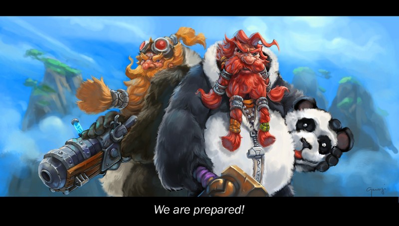 beard black_bars clothing costume duo facial_hair fursuit gun hammer male outside ranged_weapon rifle sky tools weapon littlepoesy blizzard_entertainment mists_of_pandaria warcraft bear dwarf human humanoid mammal pandaren letterbox