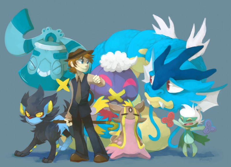 ambiguous_gender blue_eyes brown_hair clothing eyes_closed feral flower group hair hat headgear headwear male necktie open_mouth plant pose red_eyes simple_background smile team_pose teeth yellow_eyes yassui nintendo pokemon pokemon_trainer animate_inanimate bronzong drifblim felid fish gastrodon gastropod generation_1_pokemon generation_4_pokemon gyarados human humanoid luxray mammal marine mollusk pokemon_(species) roserade sea_serpent west_sea_gastrodon