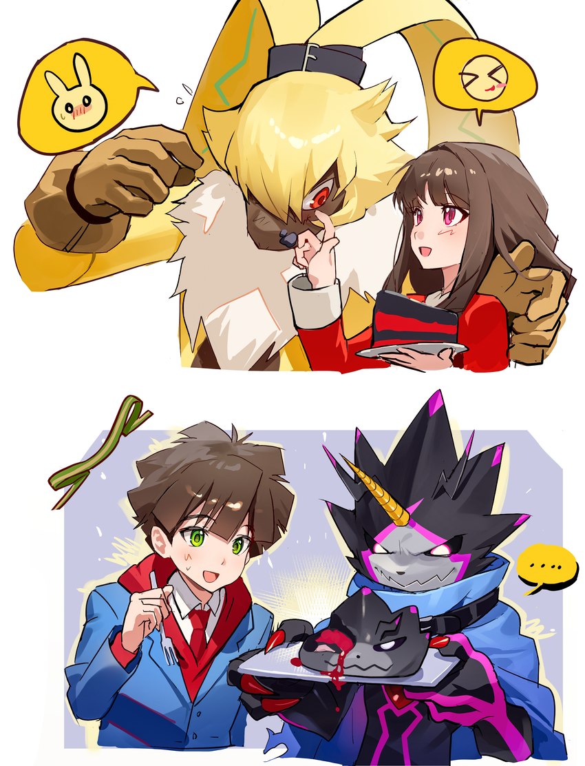 anthro black_body black_sclera blush brown_hair cake colored_nails dessert female food fur green_eyes group hair horn long_ears male nails orange_eyes ponytail_ears yellow_body yellow_fur muna_digimon bandai_namco digimon digimon_ghost_game hiro_amanokawa ruri_tsukiyono digimon_(species) gulusgammamon human lagomorph leporid mammal rabbit scalie symbareangoramon absurd_res hi_res