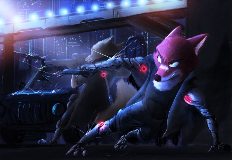 action_pose anthro bionic_arm bionic_leg bionics car city clothed clothing cybernetic_arm cybernetic_leg cybernetic_limb cybernetics duo gun handgun holding_gun holding_object holding_ranged_weapon holding_weapon machine male outside pistol pose raining ranged_weapon rifle running vehicle weapon sprinkah disney zootopia fan_character canid canine canis cyborg fox mammal wolf 2017 hi_res