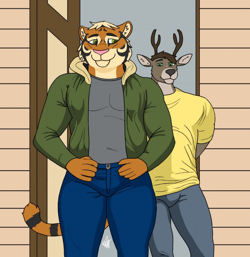 anthro antlers brown_body clothed clothing duo fur horn interspecies male male/male predator/prey simple_background smile delta_dewitt dawn_chorus arvo_(dawn_chorus) rune_(dawn_chorus) deer felid mammal pantherine tiger digital_media_(artwork)